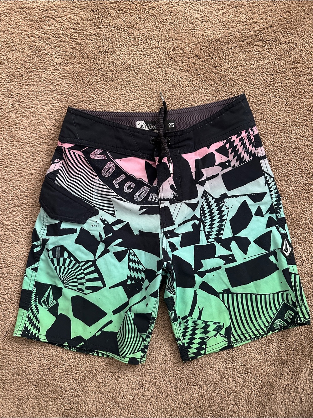 Volcom Mint Green, Pink & Black Geometric Boardshorts